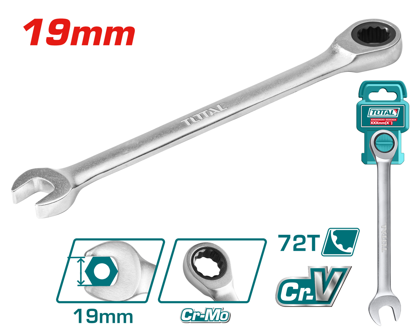 Industrial Cr-V Ratchet Spanner 19mm (Length: 245mm)