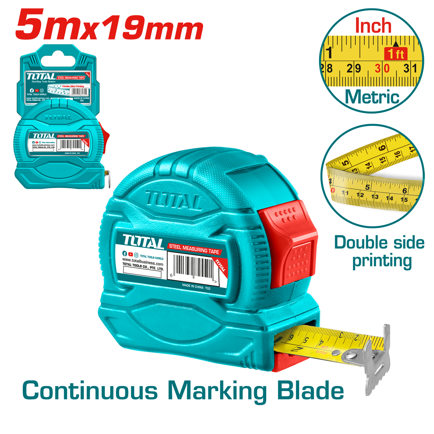 Pure ABS Steel Measuring Tape 5m x 19mm (Metric & Inch)