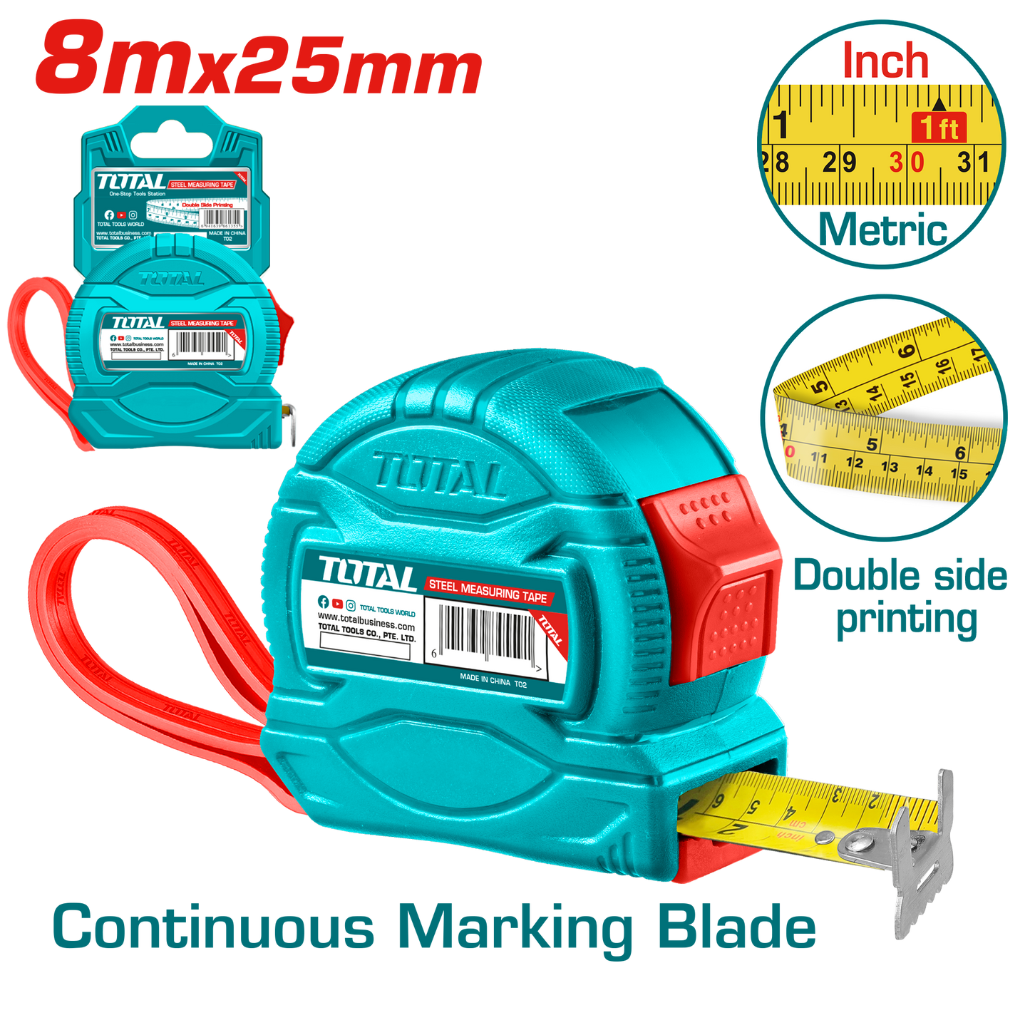 Steel Measuring Tape 8mx25mm - Metric + Inch