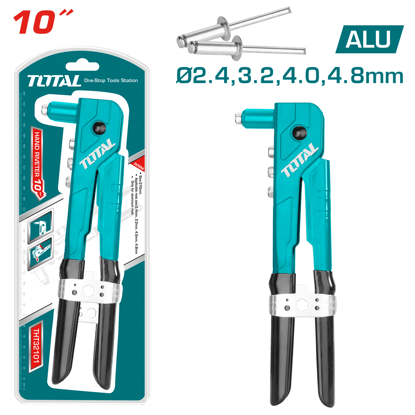 Hand Riveter (L:260mm,10", Size: 2.4,3.24,4.8mm)