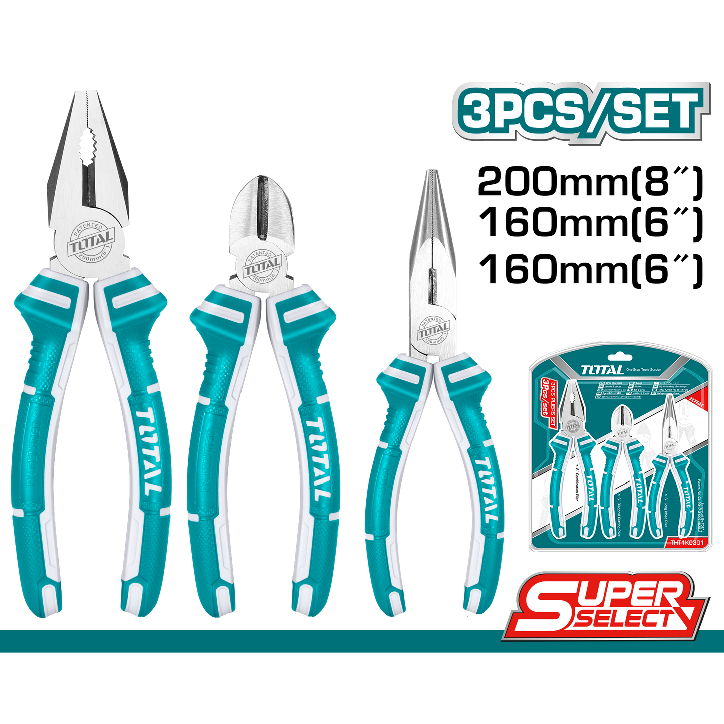 3 Pcs Pliers Set (8"Comb+6"Long+6"Diagonal)
