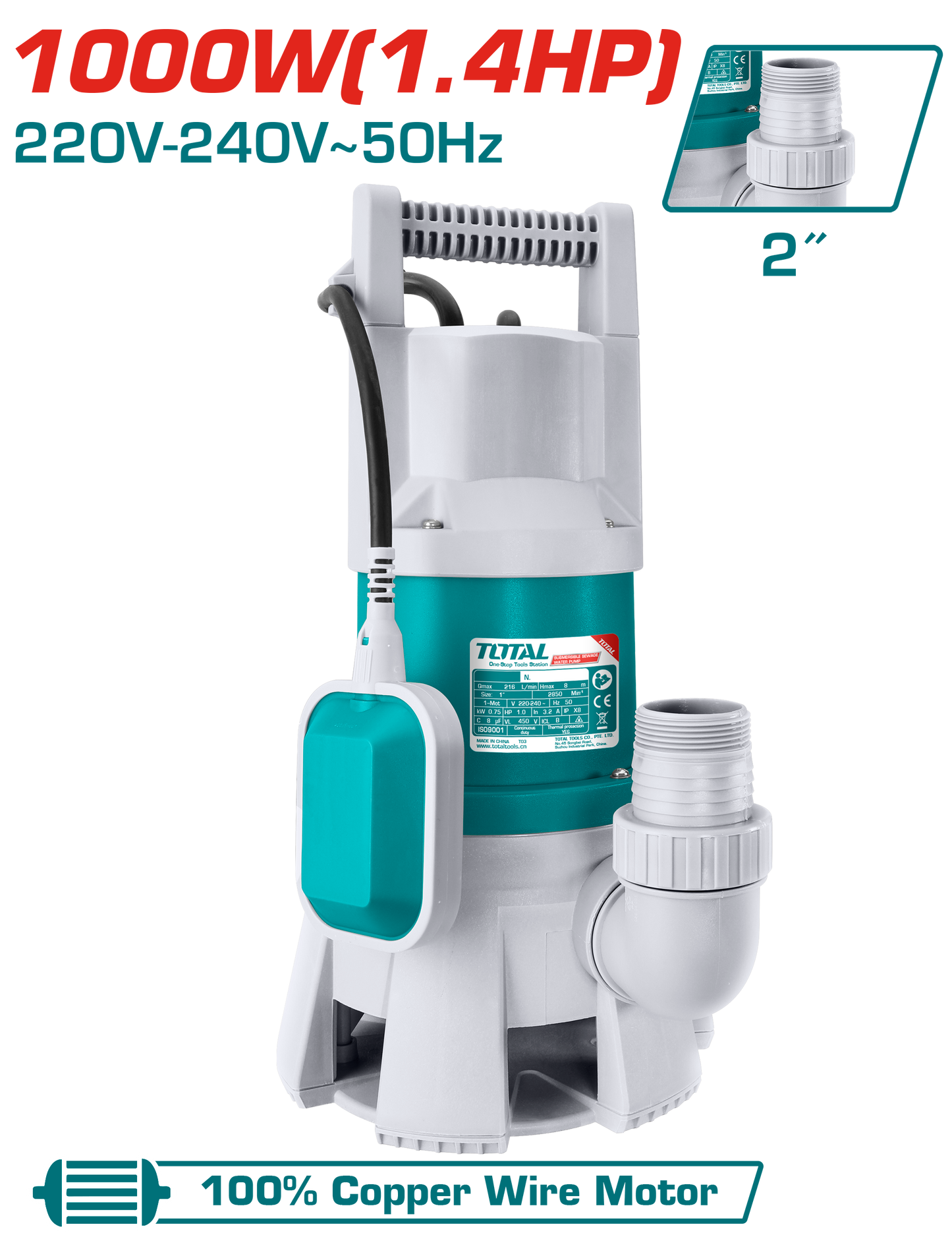 Submersible Sewage Pump 1000W 2"