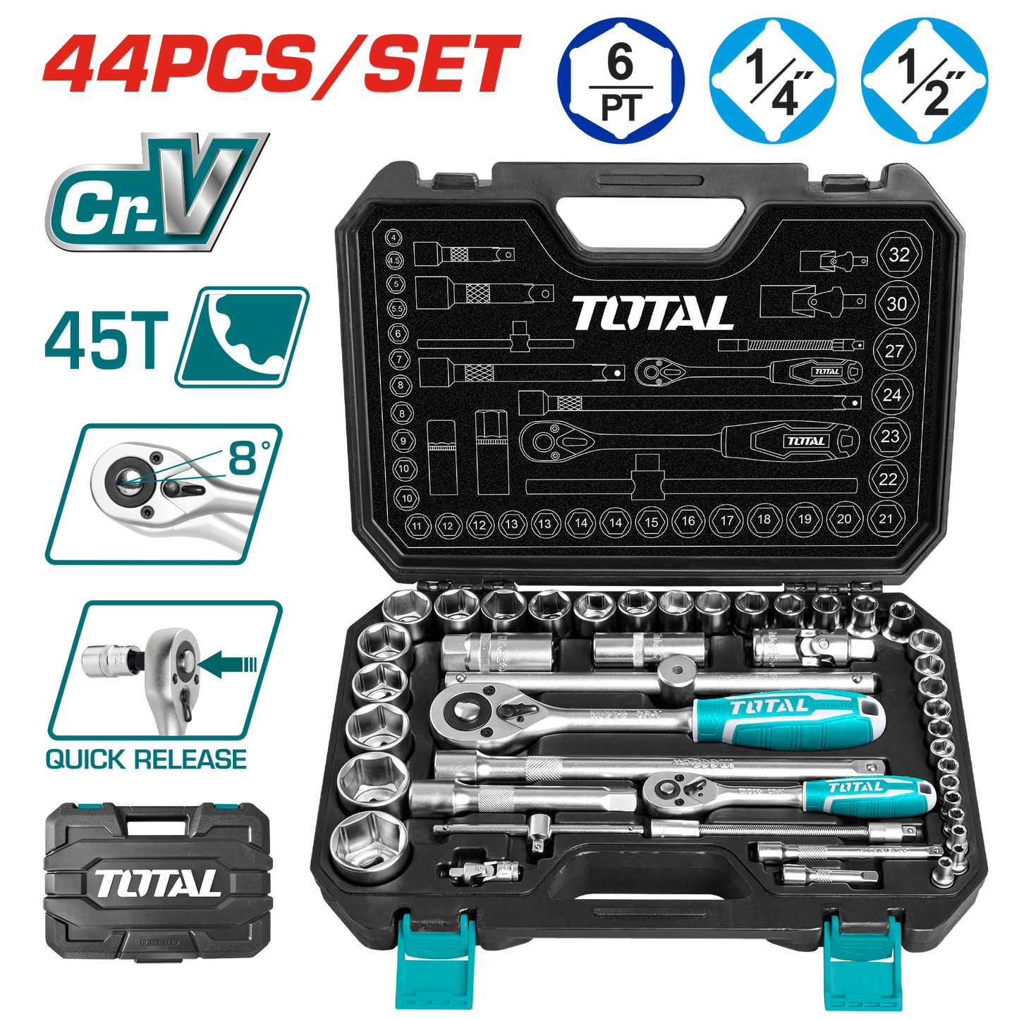 44 Pcs 1/4" + 1/2" Socket Set