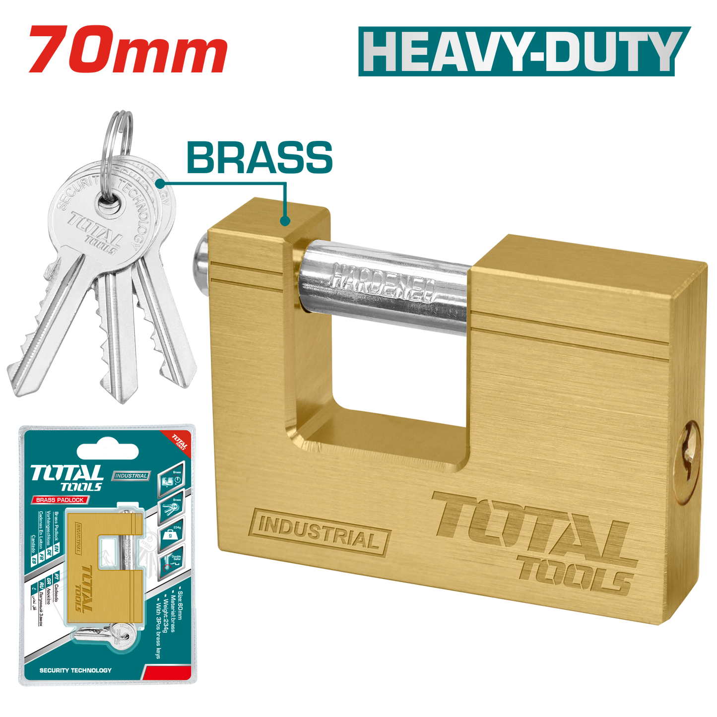 Brass Block Padlock (70mm,402g+3Pc Brass Keys)