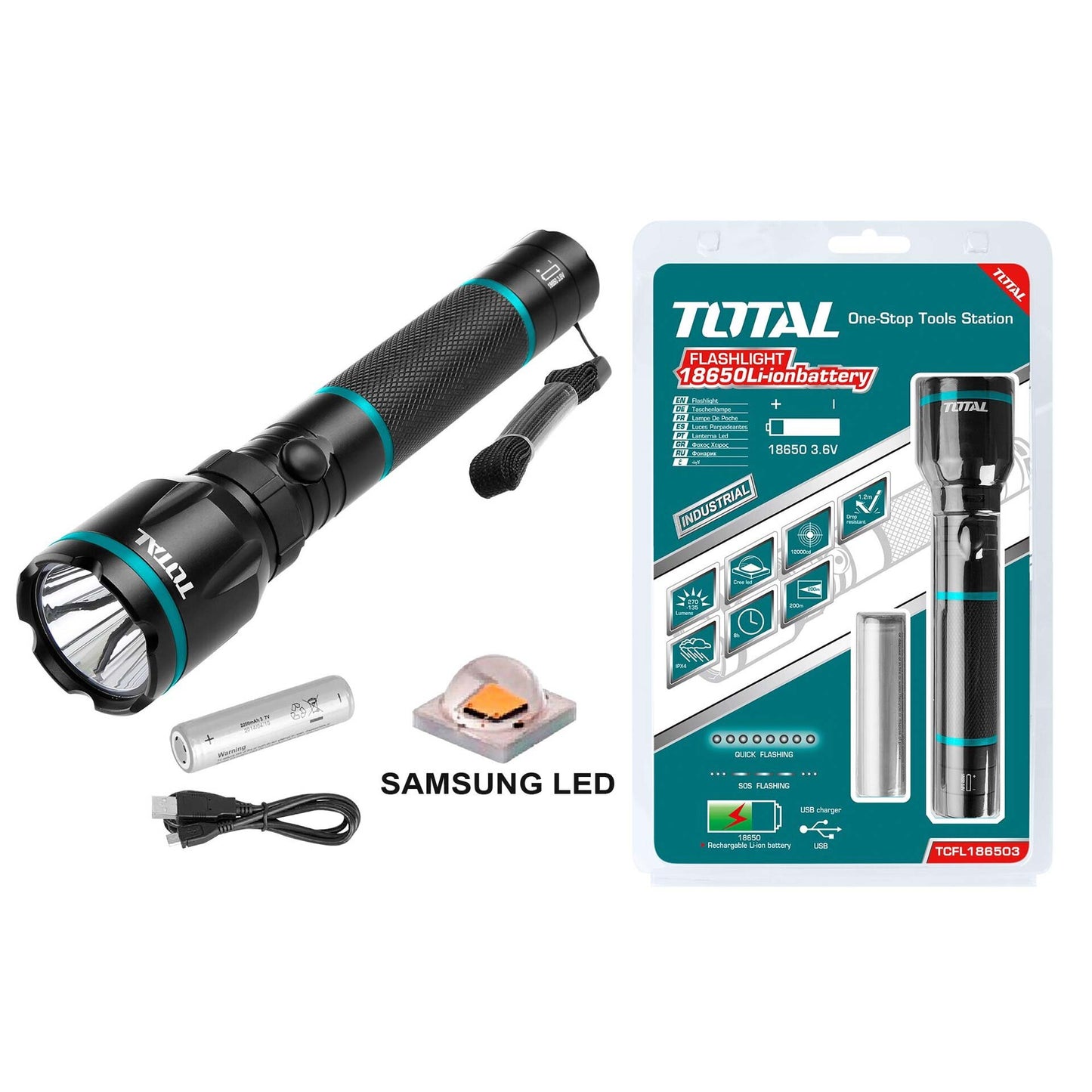 Flashlight (5W,270~135Lumen,200m,18650Li -ion)