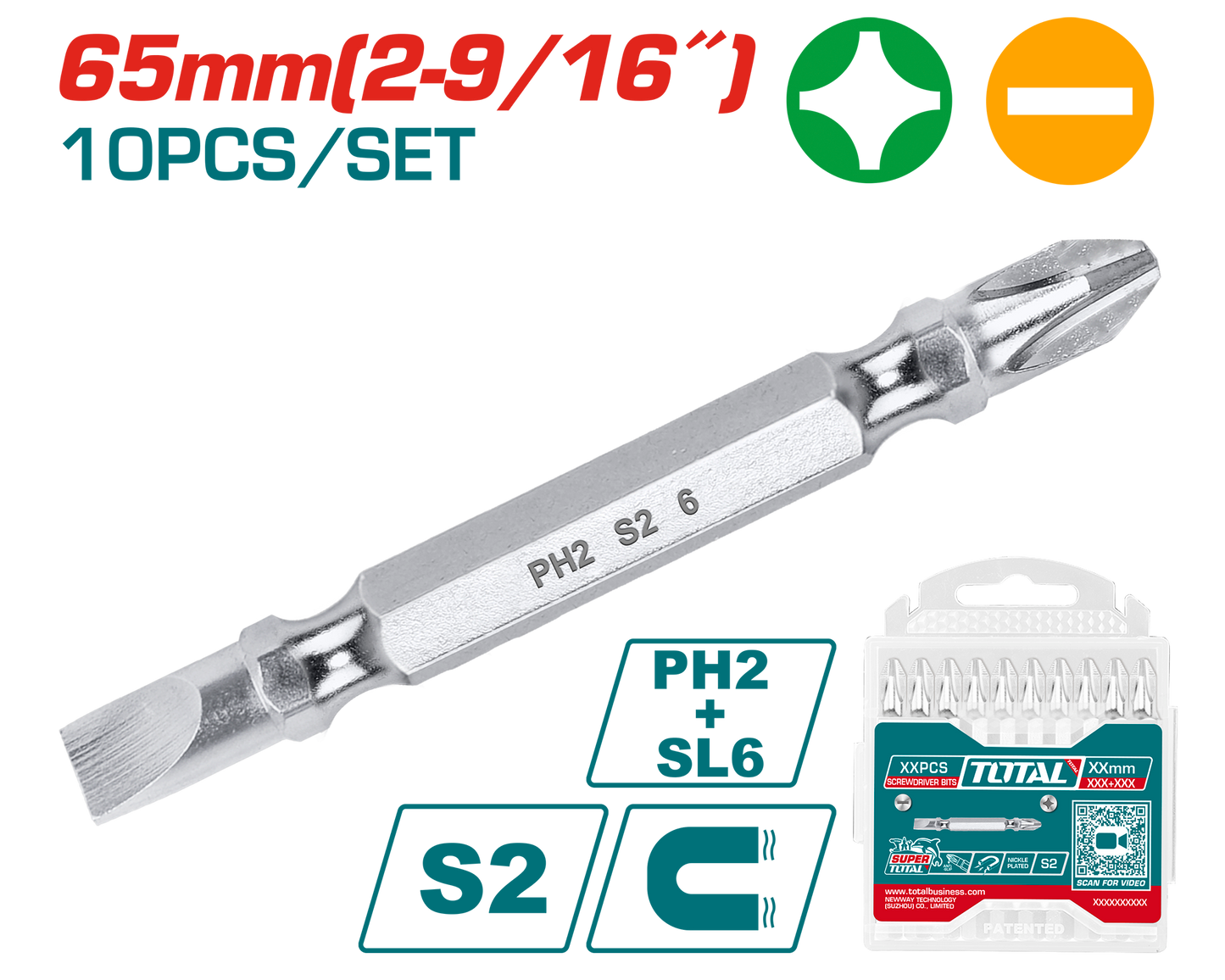 Screwdriver Bits 65mm - PH2 + SL6.0 (10 pieces)