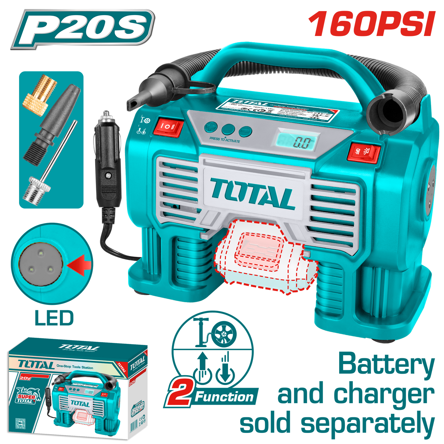 Cordless Auto Air Compressor 160PSI - P20S 2.0Ah