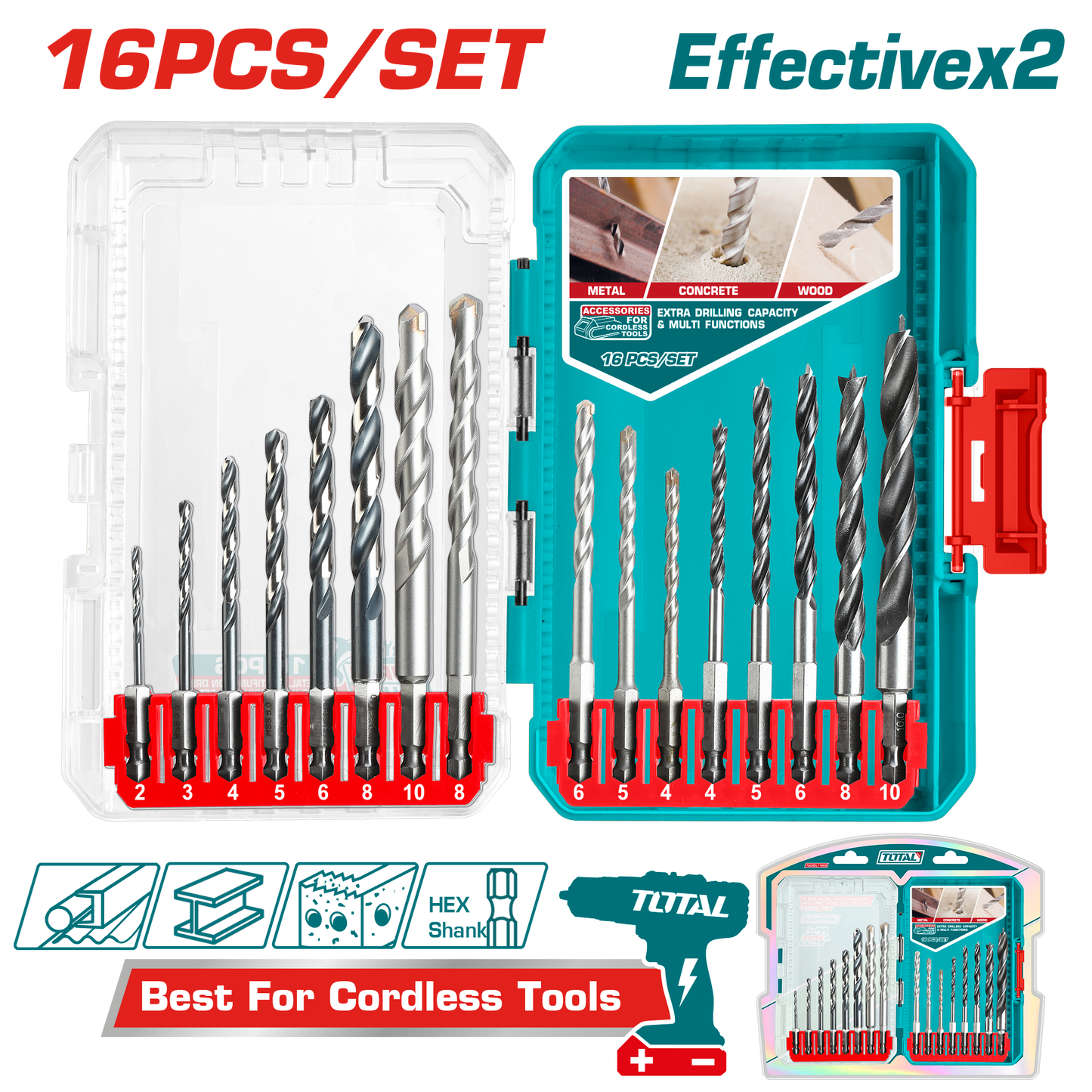 Metal, Masonry and Wood Drill Bits Set (16 pieces)