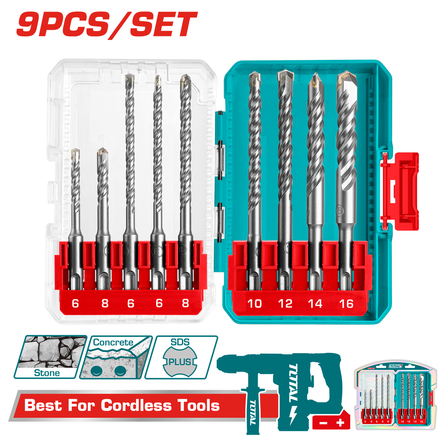 Industrial SDS Plus Rotary Hammer Drill Bit Set (9 pieces)