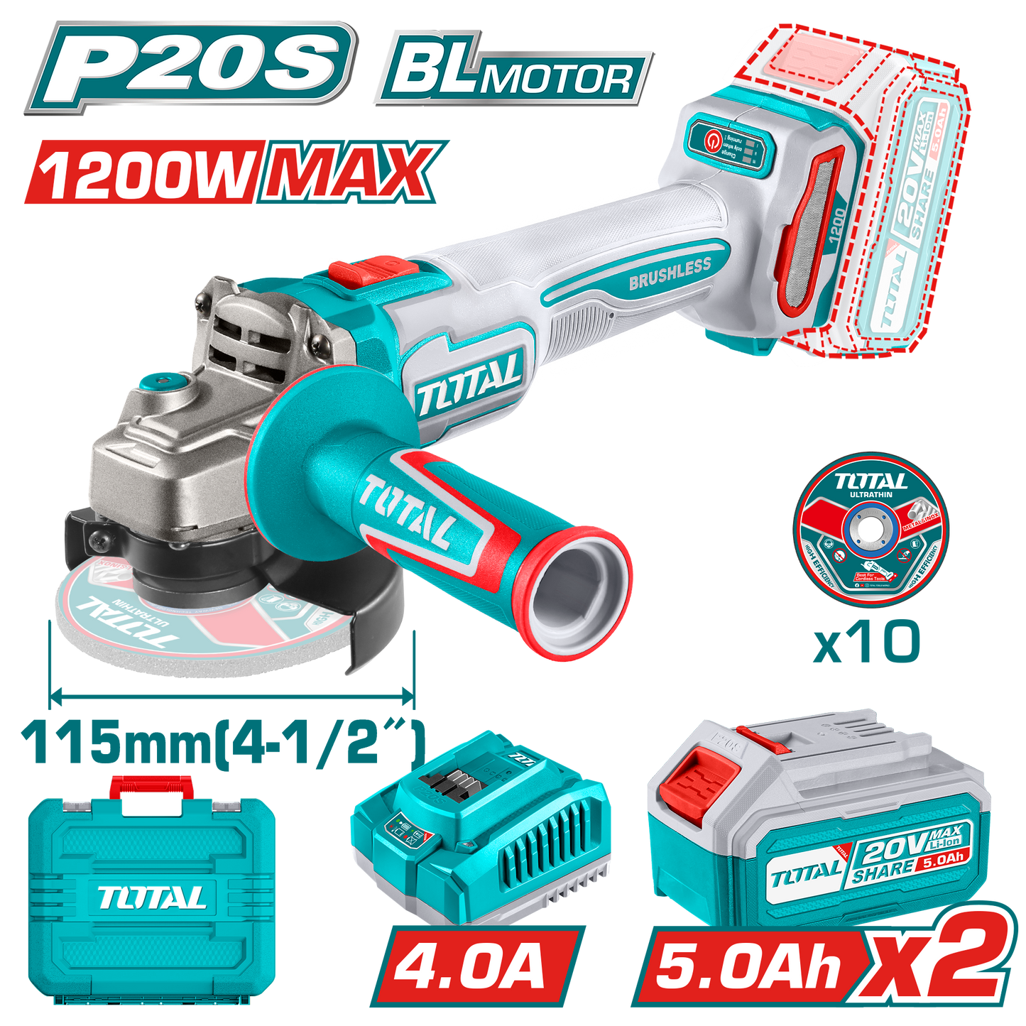 Brushless Cordless Angle Grinder 1200W - Ø115m(4-1/2") - P20S 5.0Ah