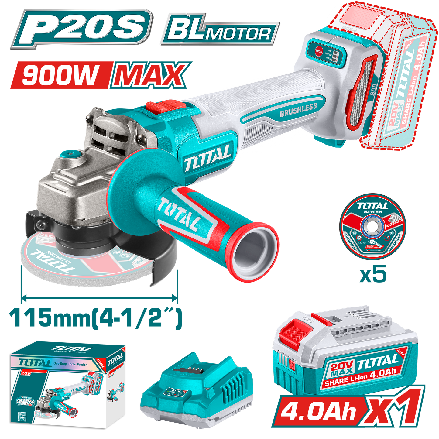Industrial Brushless Cordless 3-Speed Angle Grinder 900W - 115mm(4-1.2") - P20S 4.0Ah