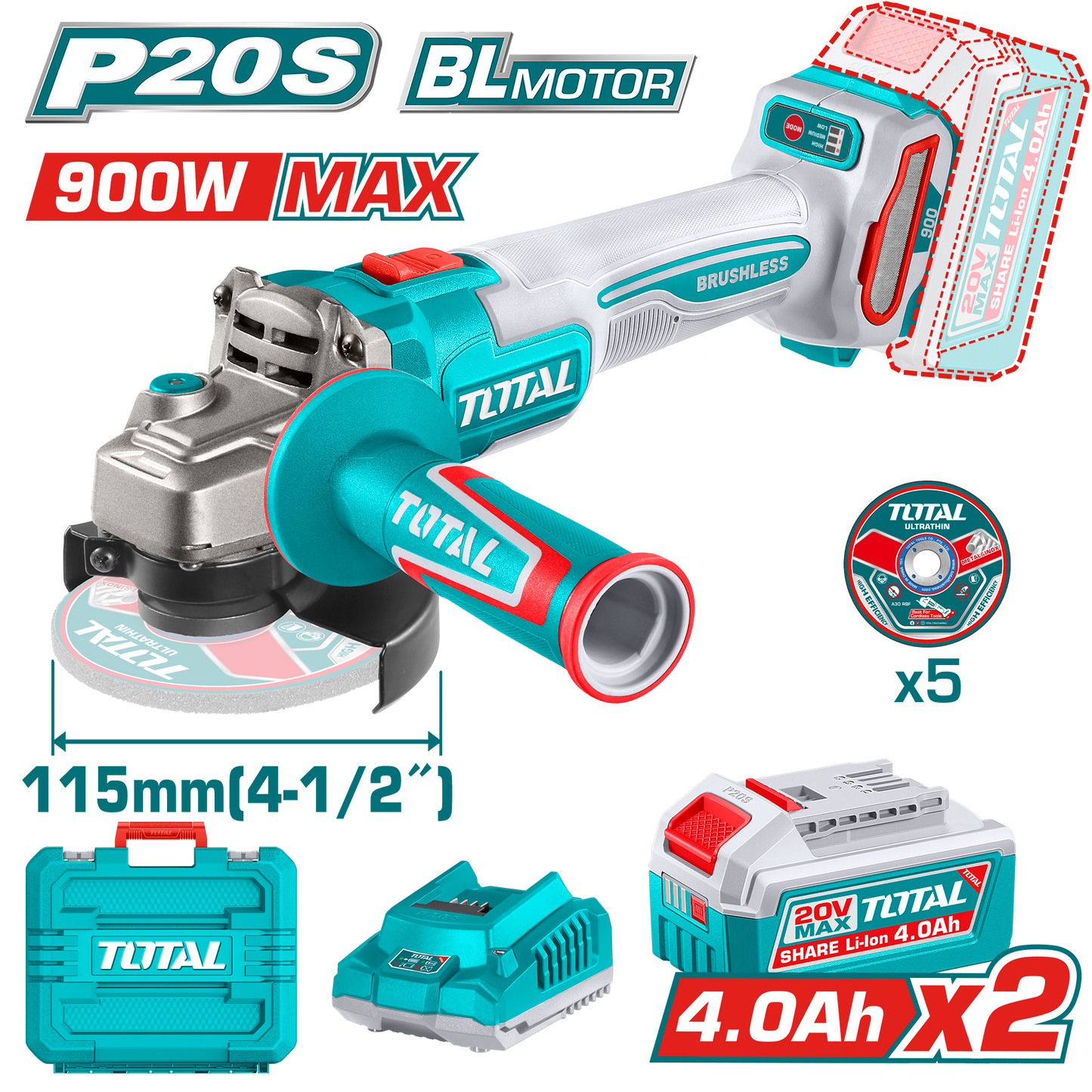 Industrial Brushless Cordless 3-Speed Angle Grinder - 115mm(4-1/2") - P20S 4.0Ah