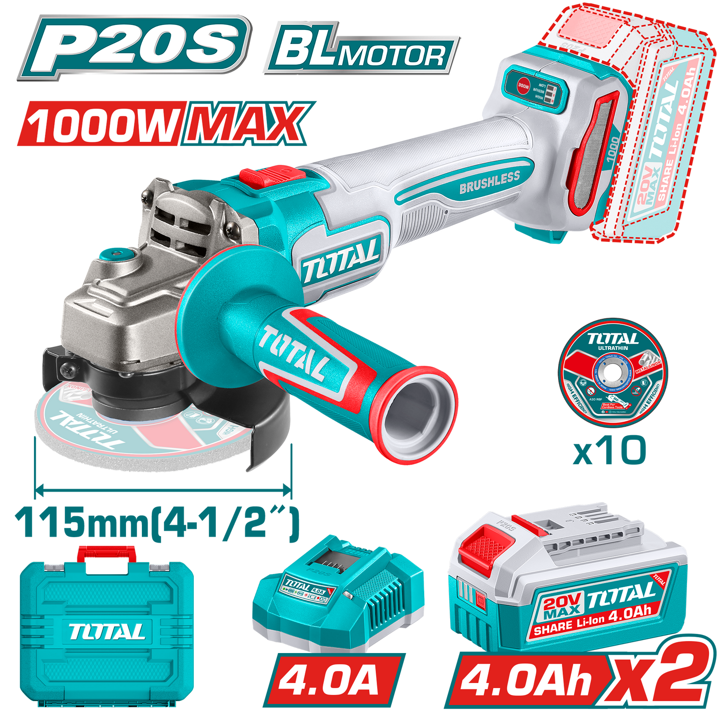 Brushless Cordless Angle Grinder 1000W - 115mm(4-1.2") - P20S 4.0Ah
