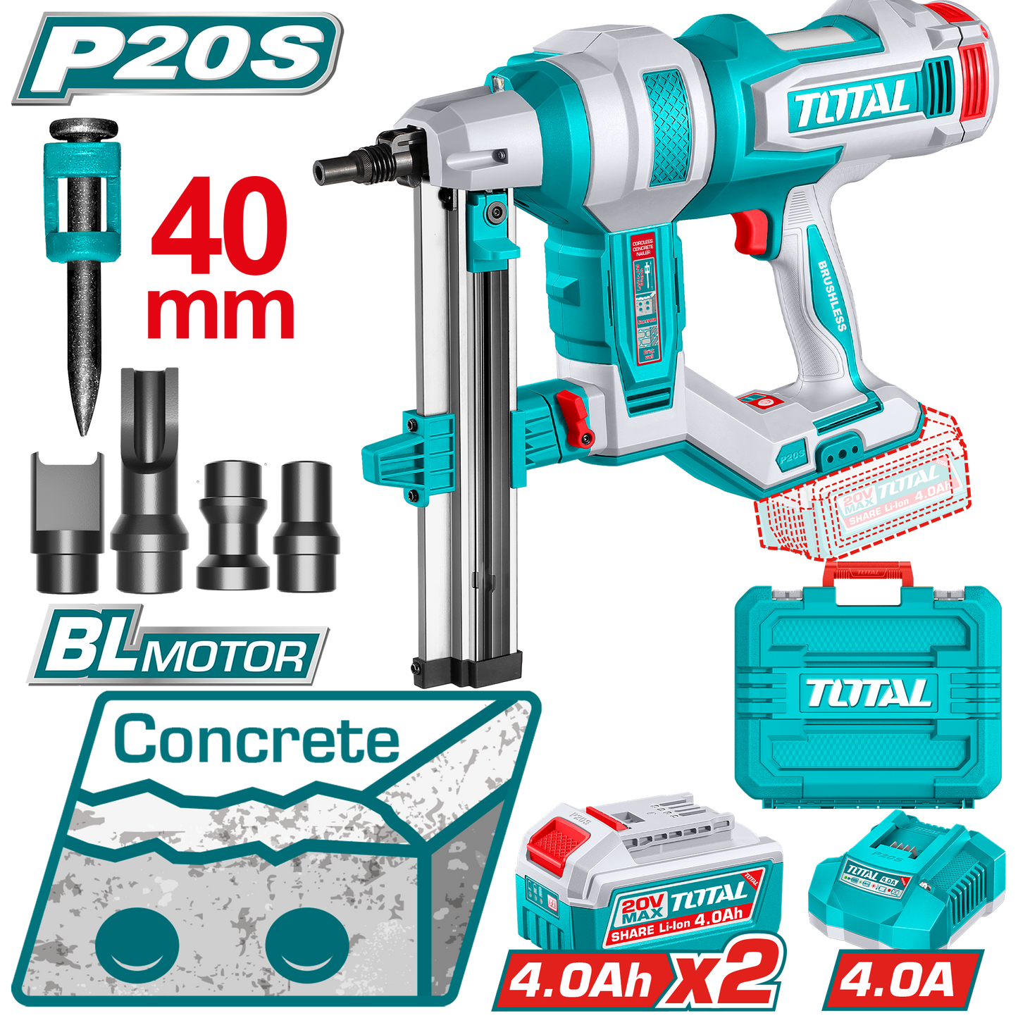 Industrial Brushless Cordless Concrete and Steel Brad Nailer 40mm - P20S 4.0Ah