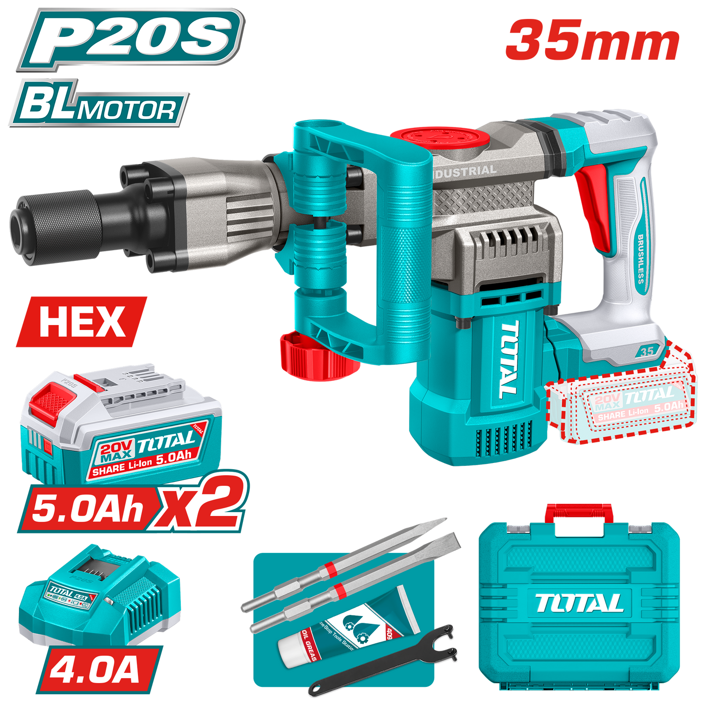 Industrial Brushless Cordless Demolition Breaker 35mm - HEX - P20S 5.0Ah
