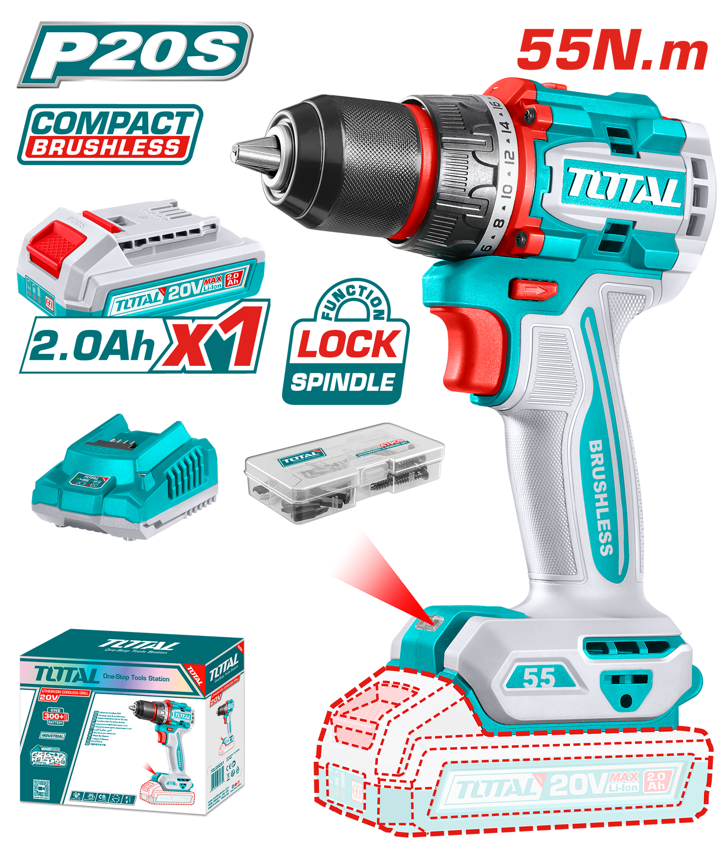 Compact Brushless Cordless Drill 55N.m - P20S 2.0Ah