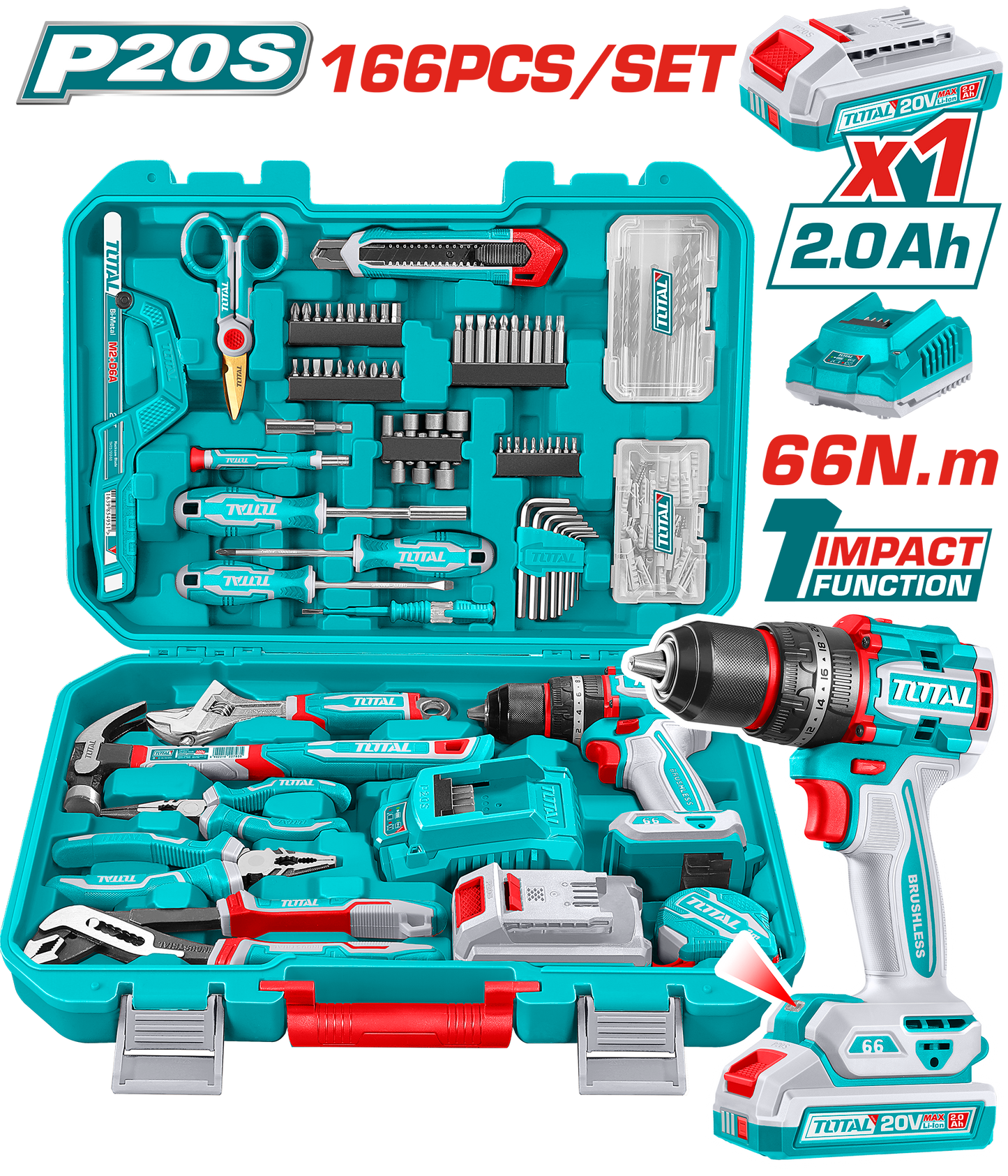 Compact Brushless Cordless Impact Drill + Tools Set (166 pieces)