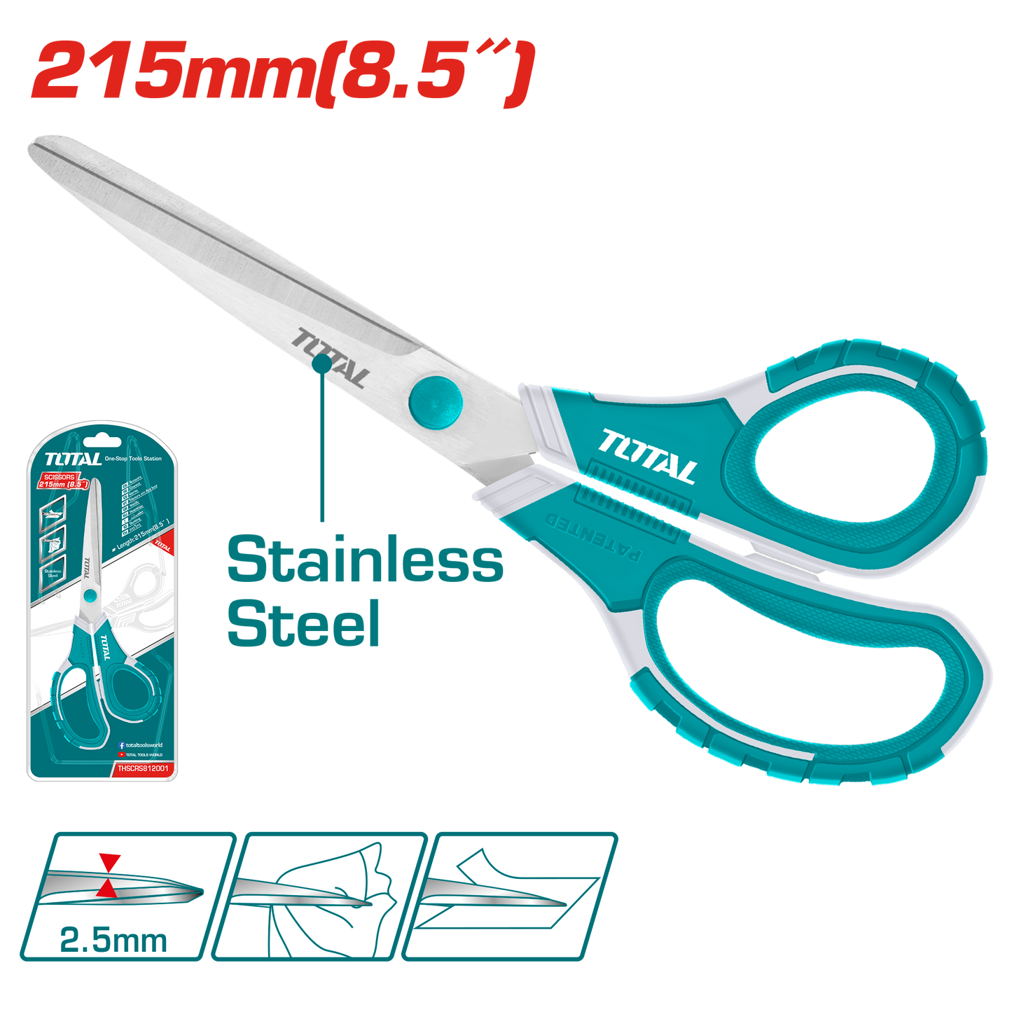 Heavy-Duty Stainless Steel Shop Scissors 215mm(8.5") - 2.5mm Blade