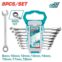 Industrial Fine-Polished Cr-V Metric Ratchet Spanner Set (8 pieces) - Cr-Mo Gears