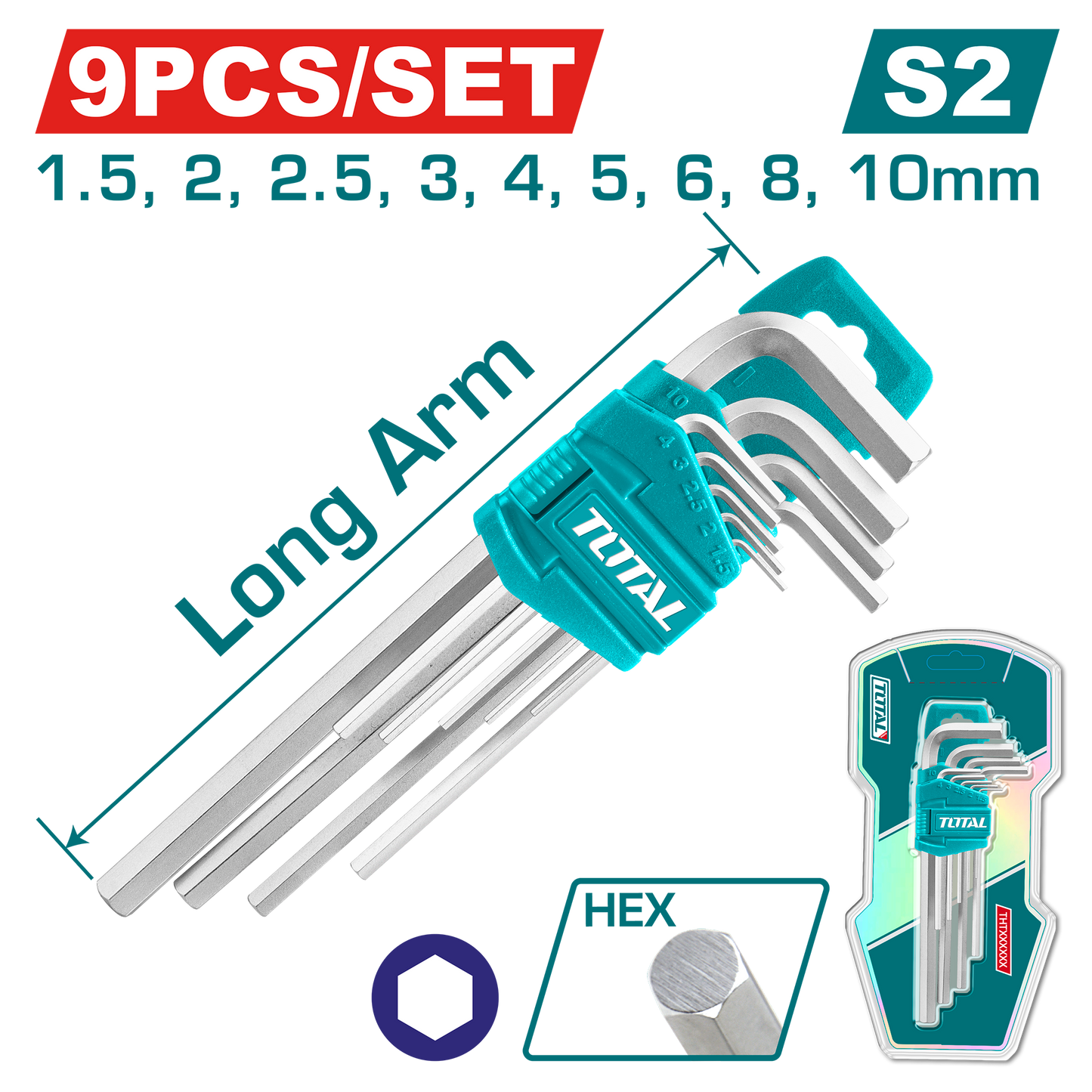 Industrial S2 Steel Long-Arm Metric Hex Key Set 1.5mm - 10mm (9 pieces set)