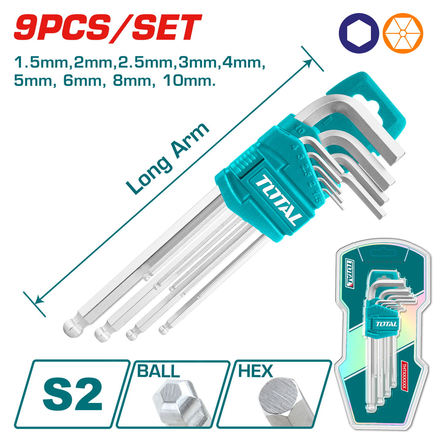 Industrial S2 Steel Long Arm Ball Point Hex Key Set (9 pieces)