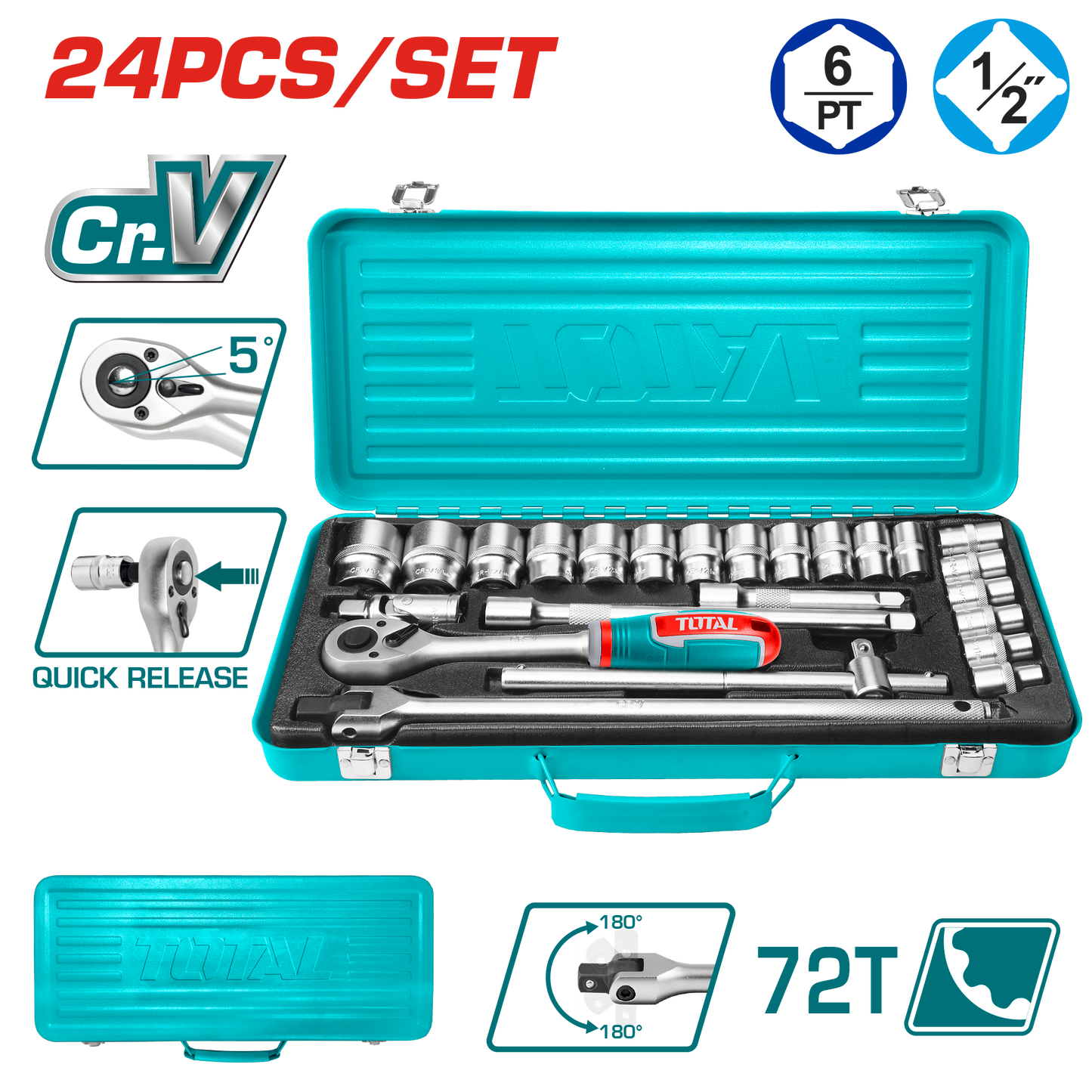 Industrial 1/2" Drive Metric Socket Set 24 Pieces with 375mm Flex Breaker Bar