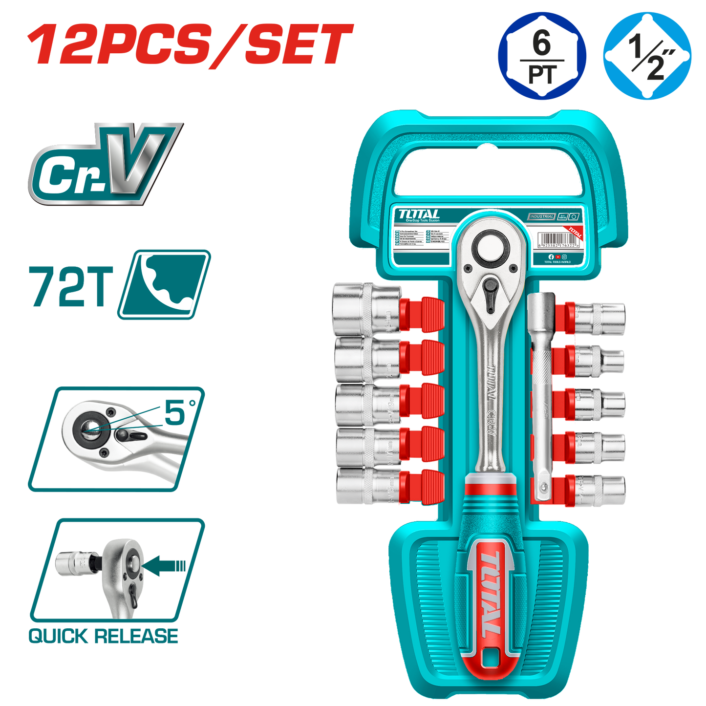 Industrial 1/2" Drive 50BV30 Alloy Steel Metric Ratchet & Socket Set (12 pieces)
