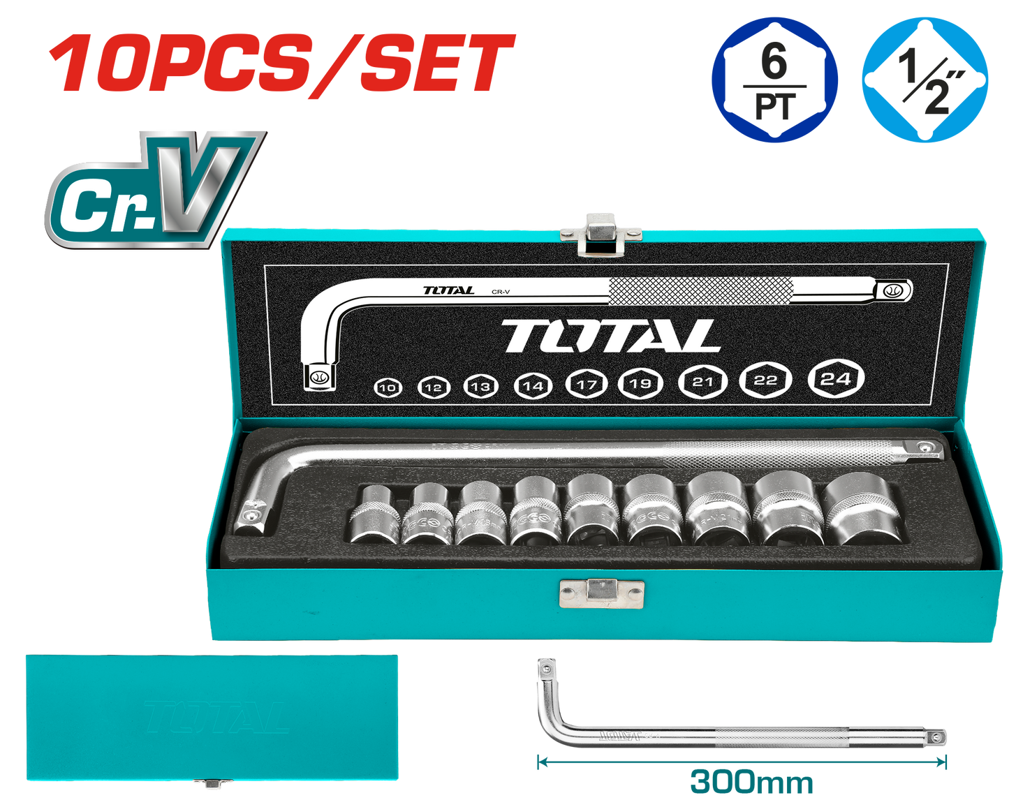 Industrial 1/2" Drive High-Torque Metric Socket & Solid L-Bar Set (10 pieces)