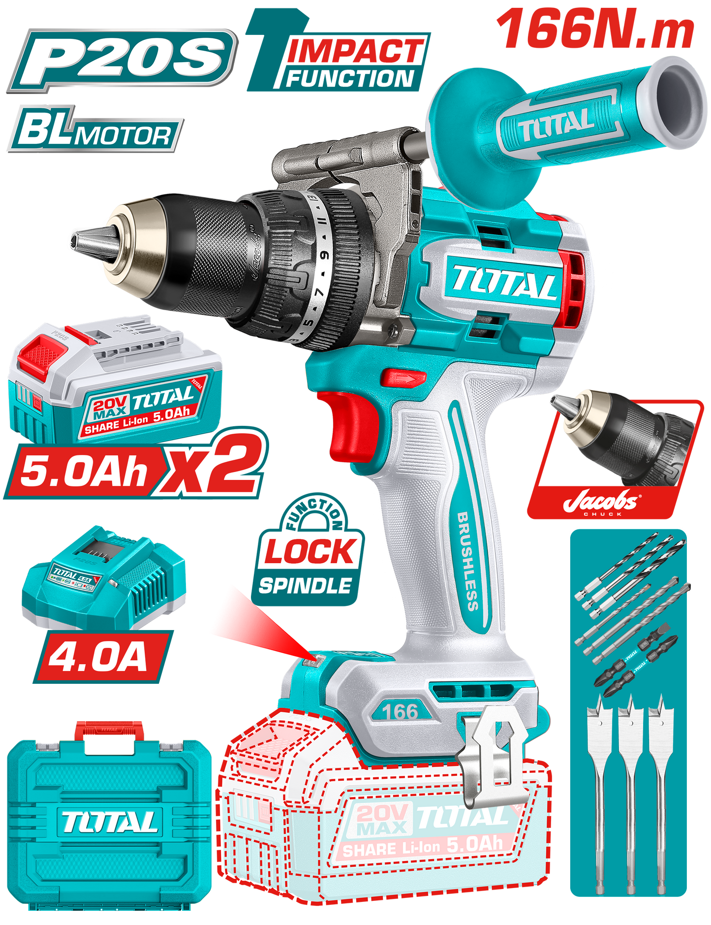 Brushless Cordless Impact Drill 166N.m - P20S 5.0Ah