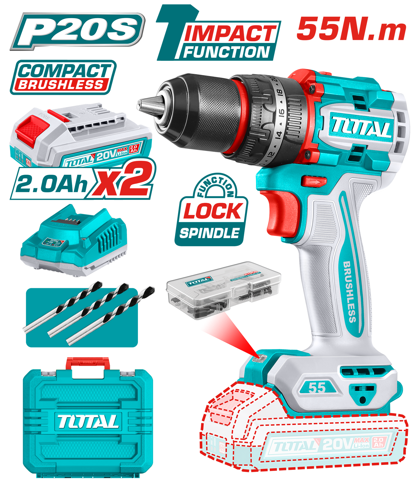 Compact Brushless Cordless Impact Drill 55N.m - P20S 2.0Ah