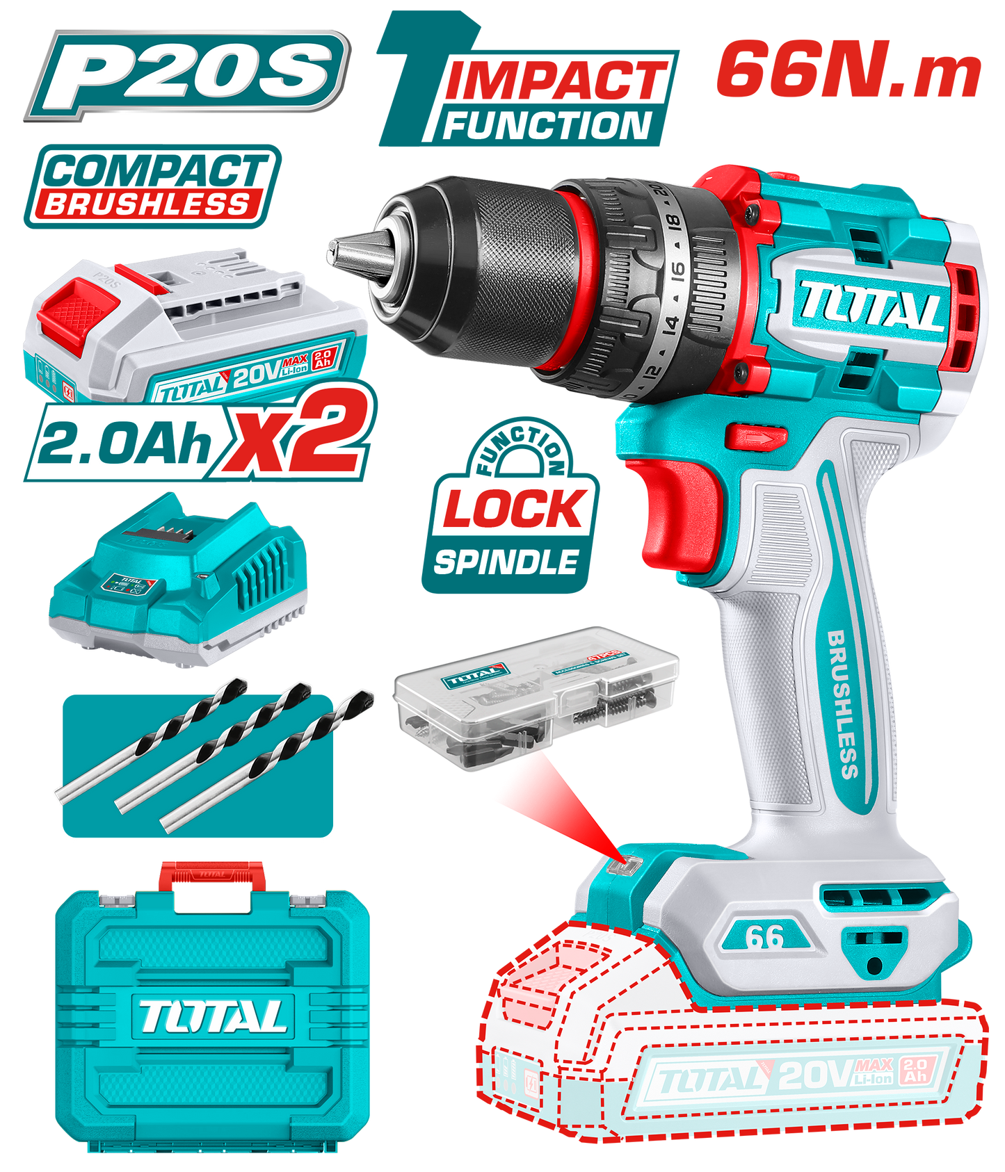 Compact Brushless Cordless Impact Drill 66N.m - P20S 2.0Ah
