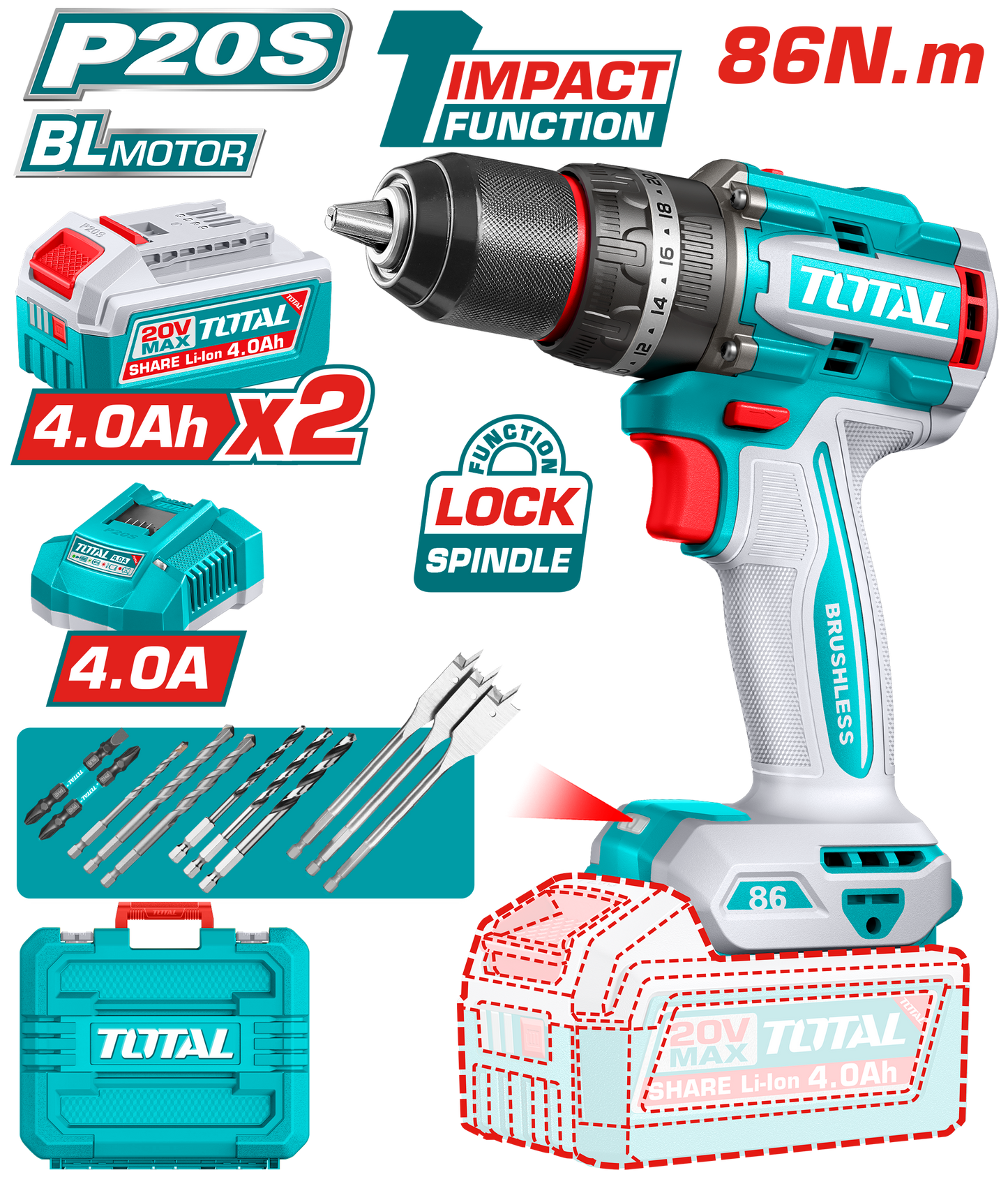 Brushless Cordless Impact Drill 86N.m - P20S 4.0Ah