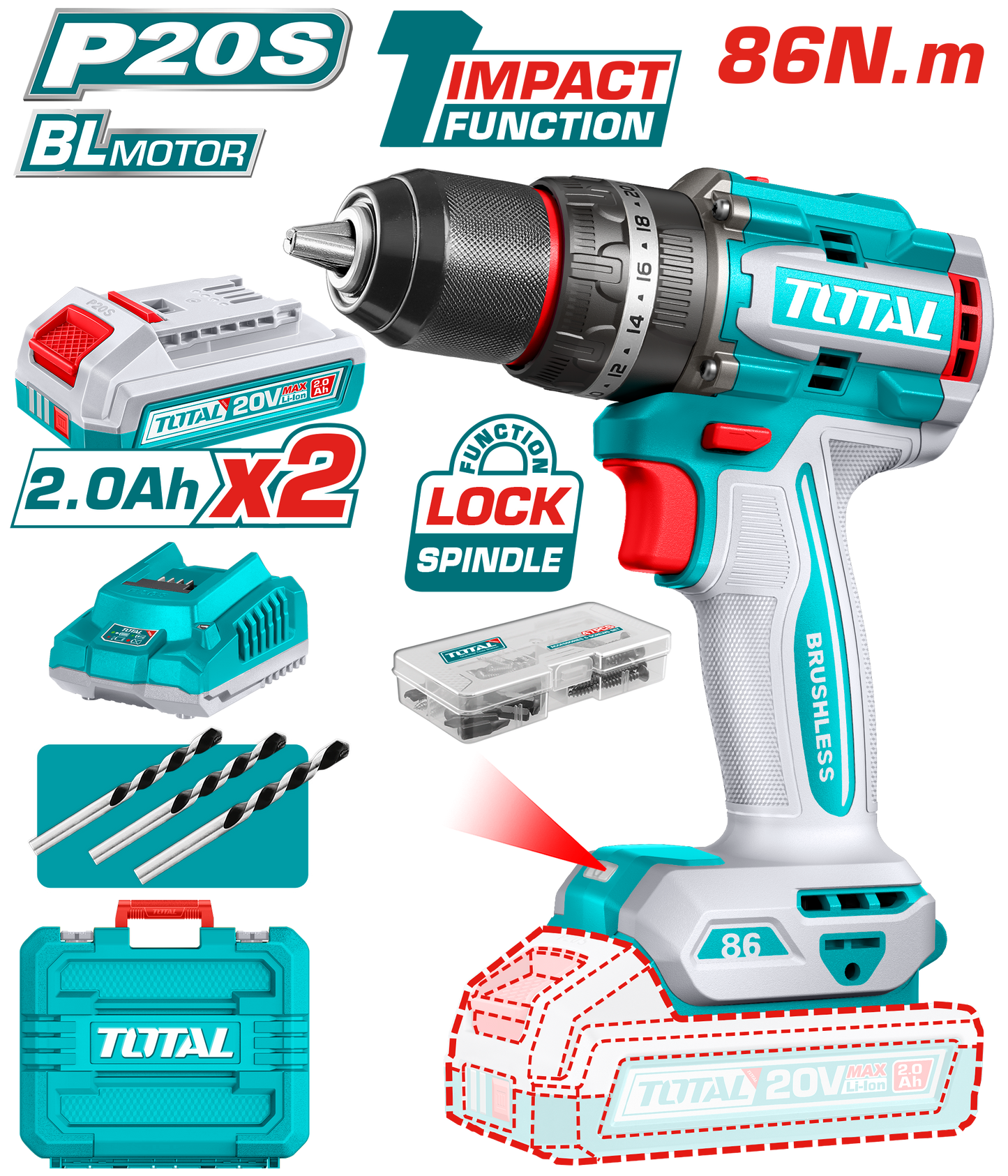 Industrial Brushless Cordless Impact Hammer Drill 86Nm - 13mm Metal Chuck - P20S 2.0Ah