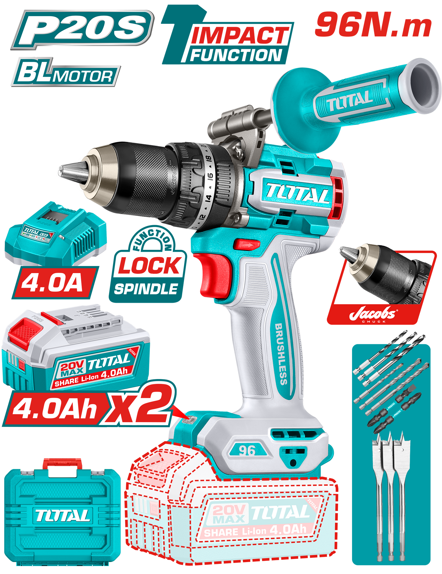 Brushless Cordless High-Torque Impact Drill 96N.m - P20S 4.0Ah
