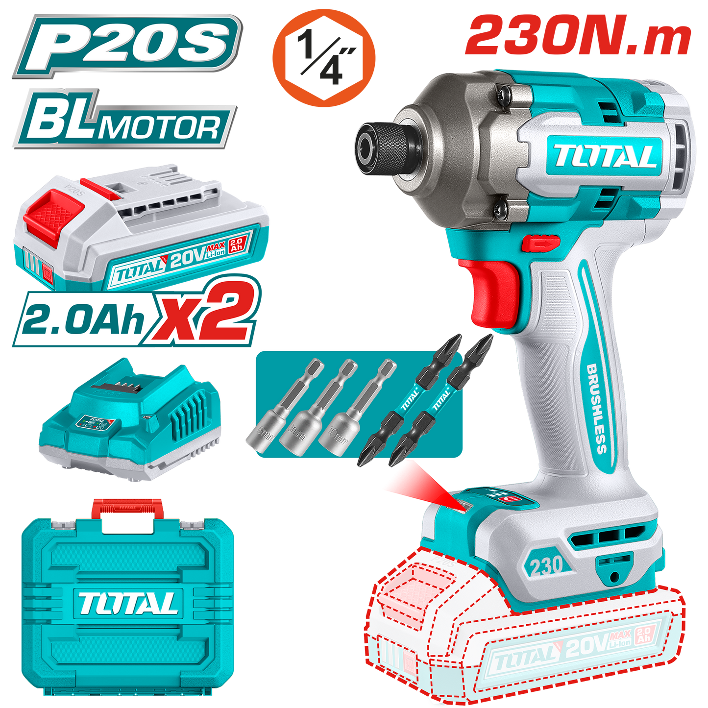 Brushless Cordless Impact Driver 230N.m - 1/4" Hex - P20S 2.0Ah