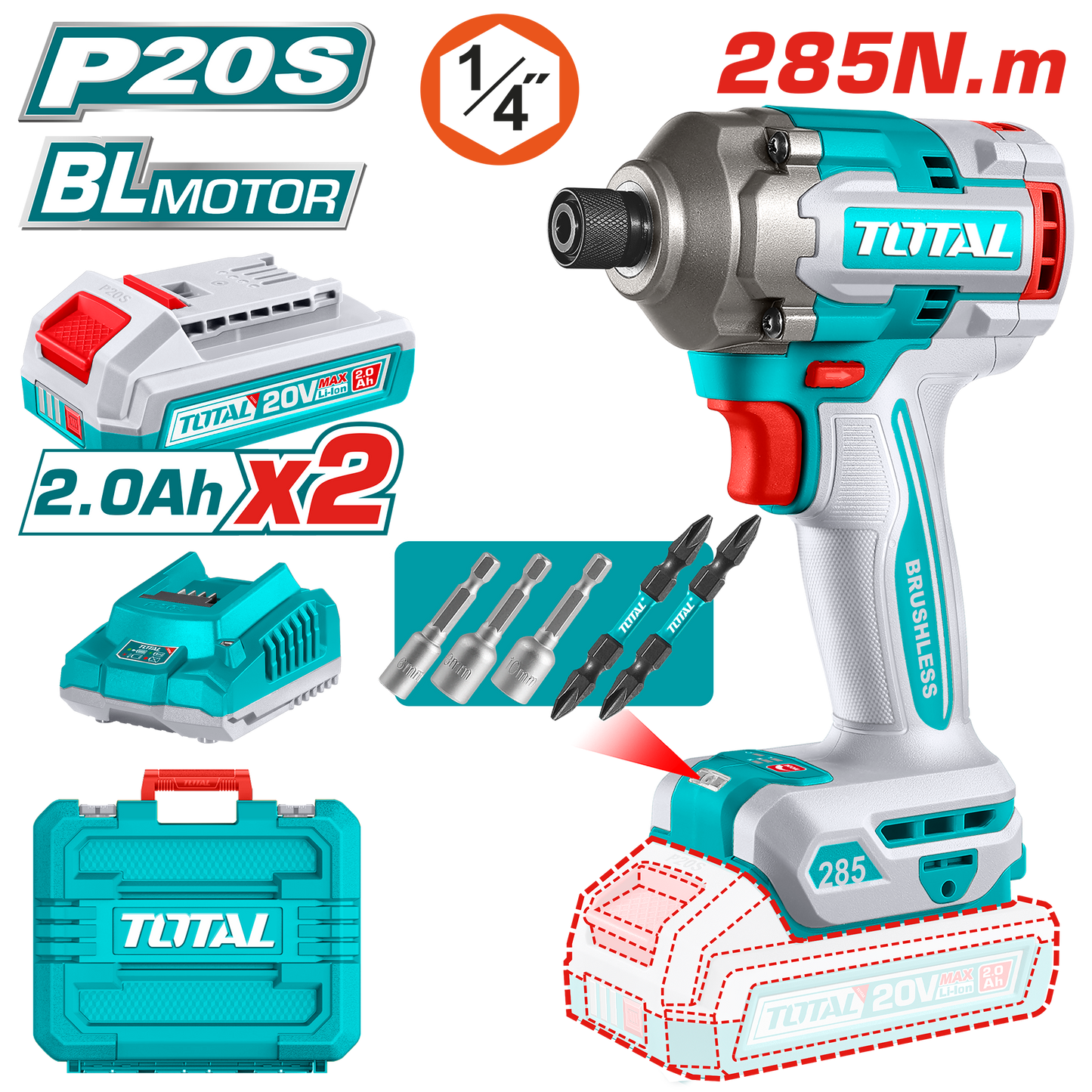 Brushless Cordless Impact Driver 285N.m - 1/4" Hex - P20S 2.0Ah