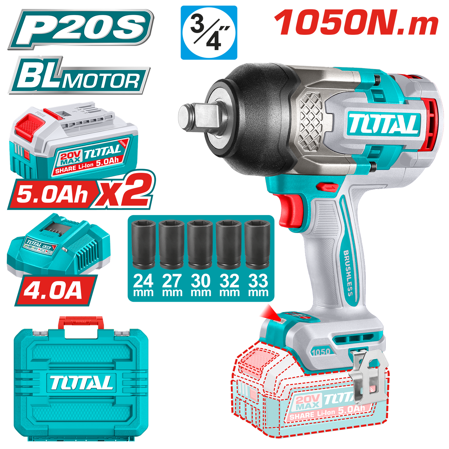 Brushless Cordless Impact Wrench 1050N.m - 3/4" Square Drive - P20S 5.0Ah