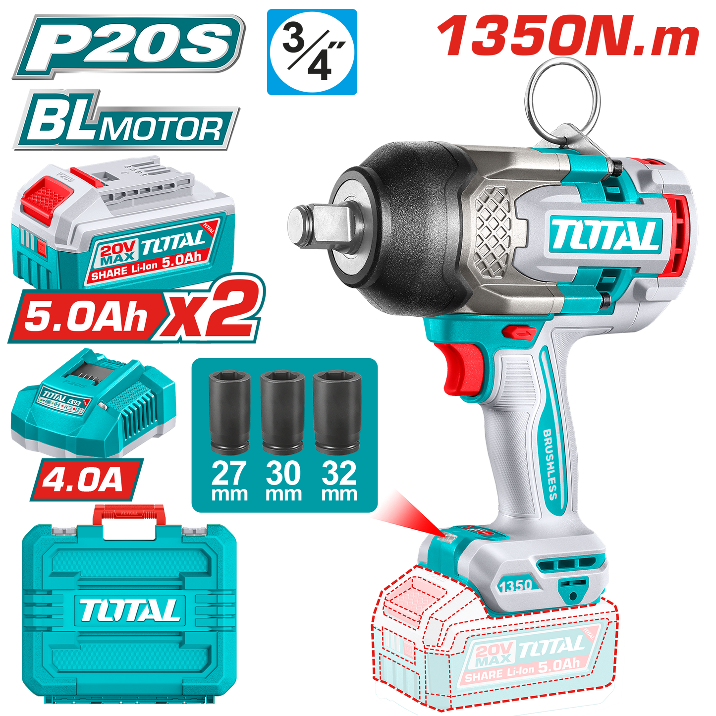 Brushless Cordless High-Torque Impact Wrench 1350N.m - 3/4" Square Drive - P20S 5.0Ah