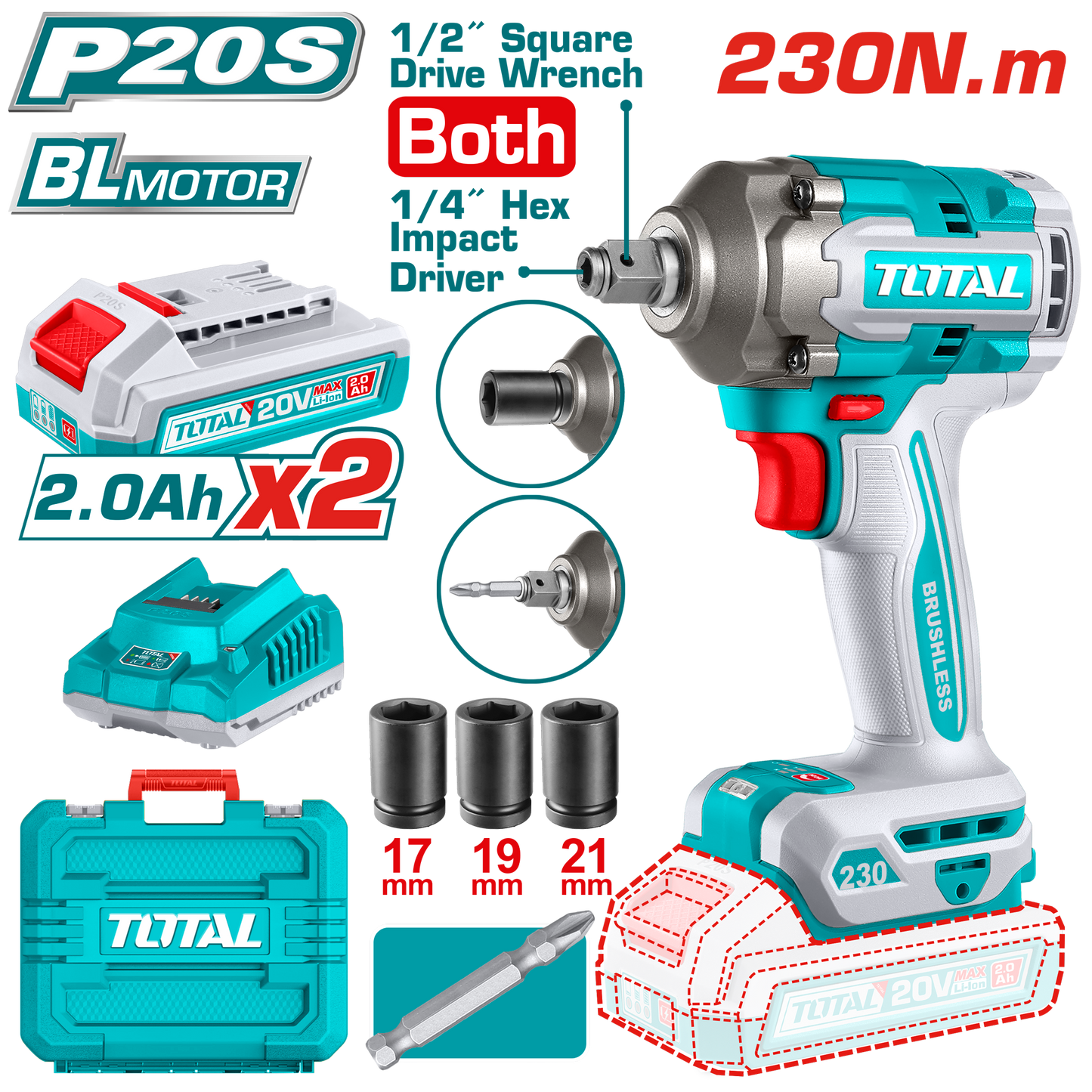 Cordless Impact Driver & Wrench 230N.m - 1/4" Hex + 1/2" Square Drive - P20S 2.0Ah