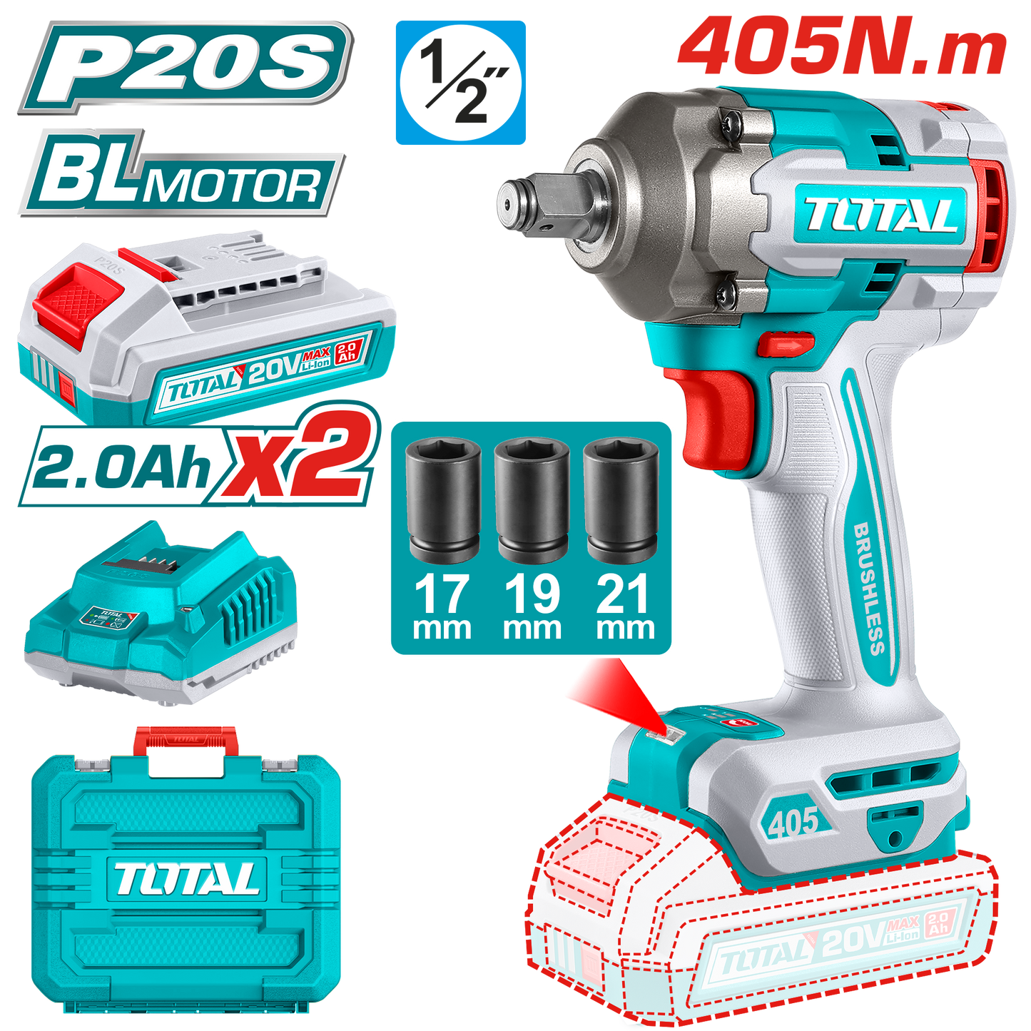 Industrial Brushless Cordless Impact Wrench 405N.m - 1/2" Square Drive - P20S 2.0Ah