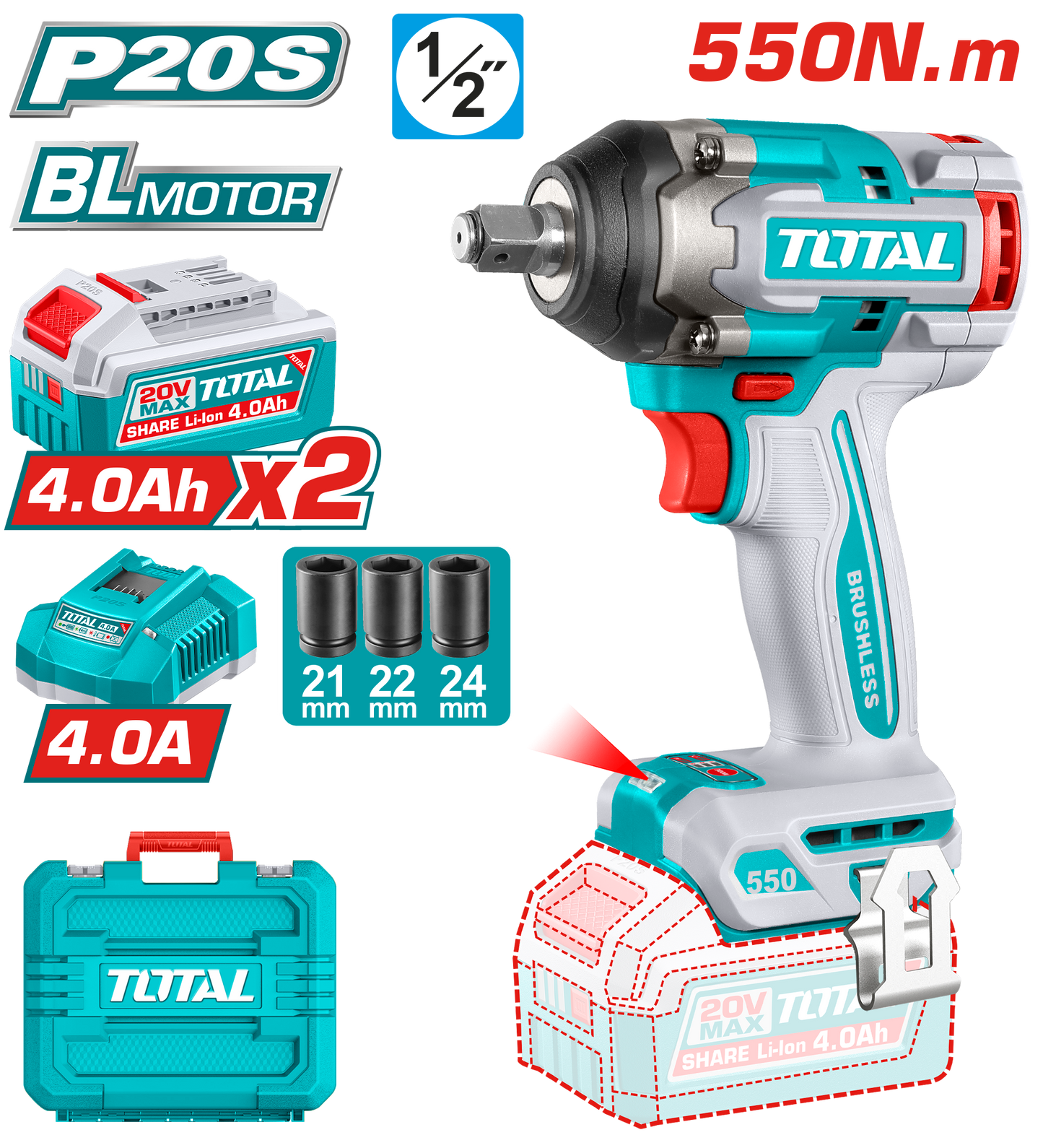 Brushless Cordless Impact Wrench 550N.m - 1/2" Square Drive - P20S 4.0Ah