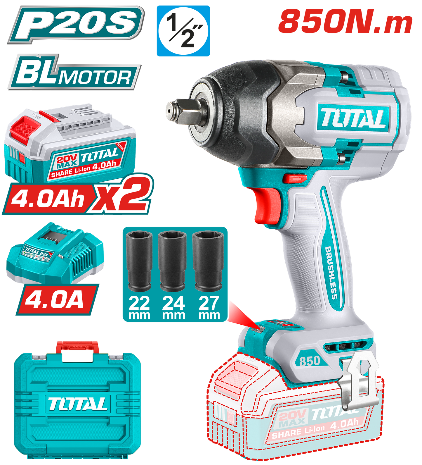 Industrial Brushless Cordless 1/2" Square Drive Impact Wrench 850Nm/ 1000Nm - P20S 4.0Ah