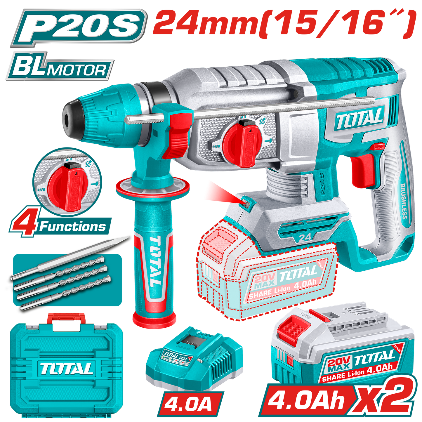 Industrial Brushless Cordless Rotary Hammer 24mm(15/16") - SDS Plus - P20S 4.0Ah