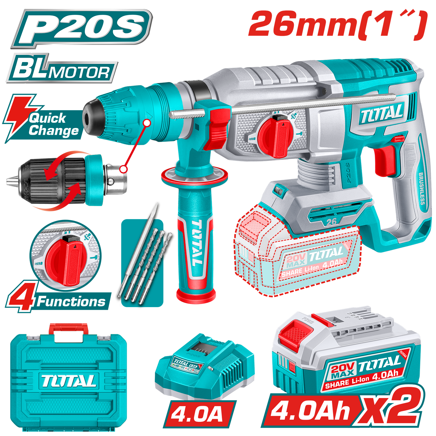 Industrial Brushless Cordless Rotary Hammer Ø26mm(1") - SDS Plus - P20S 4.0Ah