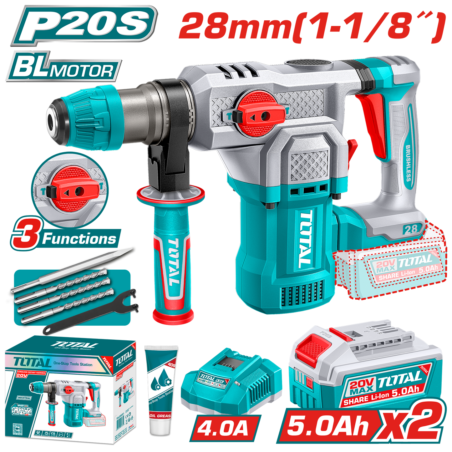 Industrial Brushless Cordless Rotary Hammer Ø28mm - SDS Plus - P20S 5.0Ah