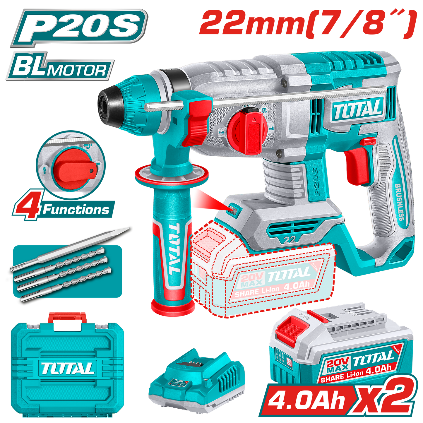 Industrial Brushless Cordless Rotary Hammer 22mm(7/8") - SDS Plus - 2.0J - P20S 4.0Ah