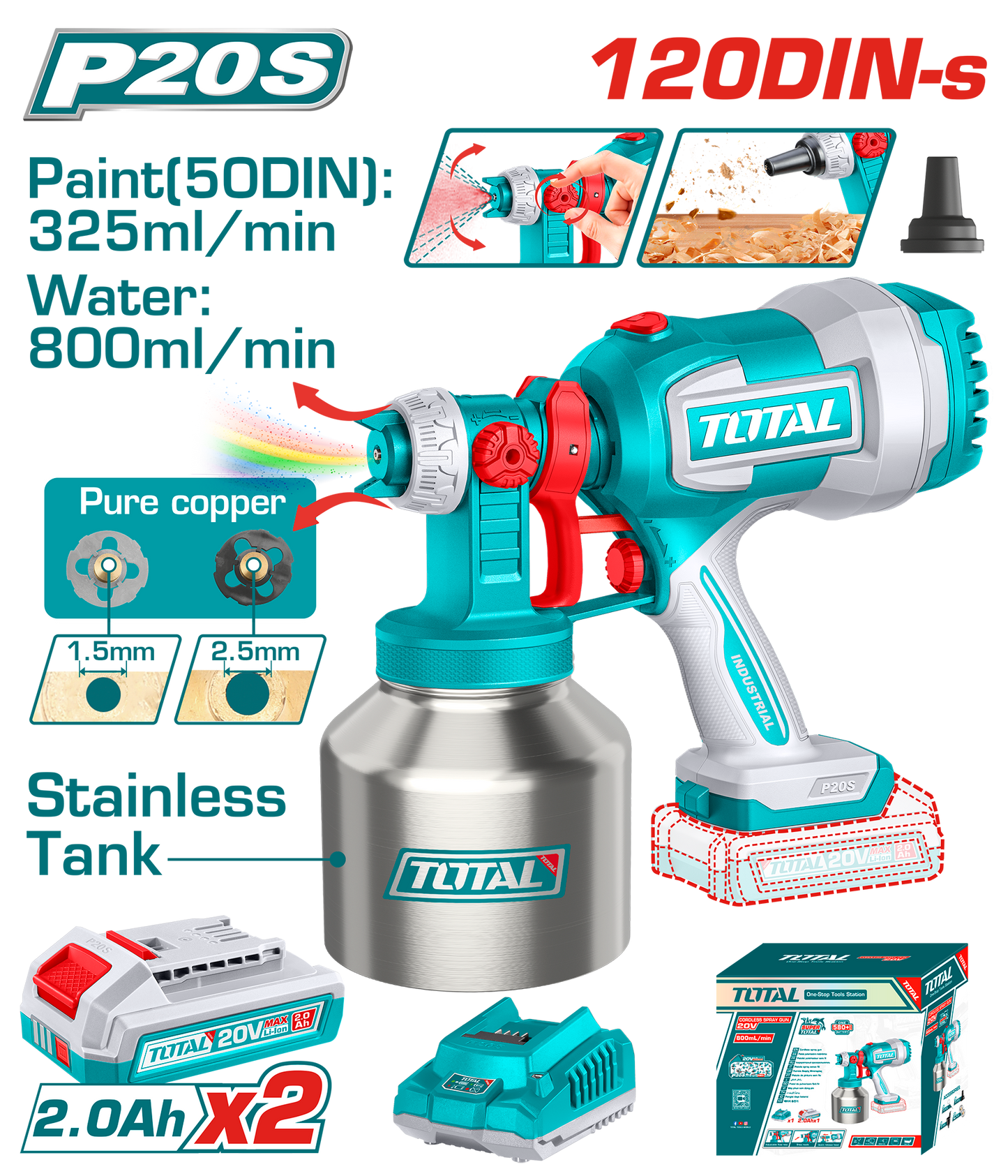 Cordless HVLP Spray Gun with 800ml Stainless Steel Tank - 120DIN-s - P20S 2.0Ah