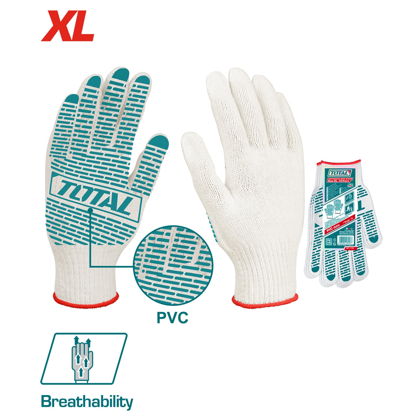 Knitted Work Gloves with Anti-Slip PVC Dots XL - 10 Gauge